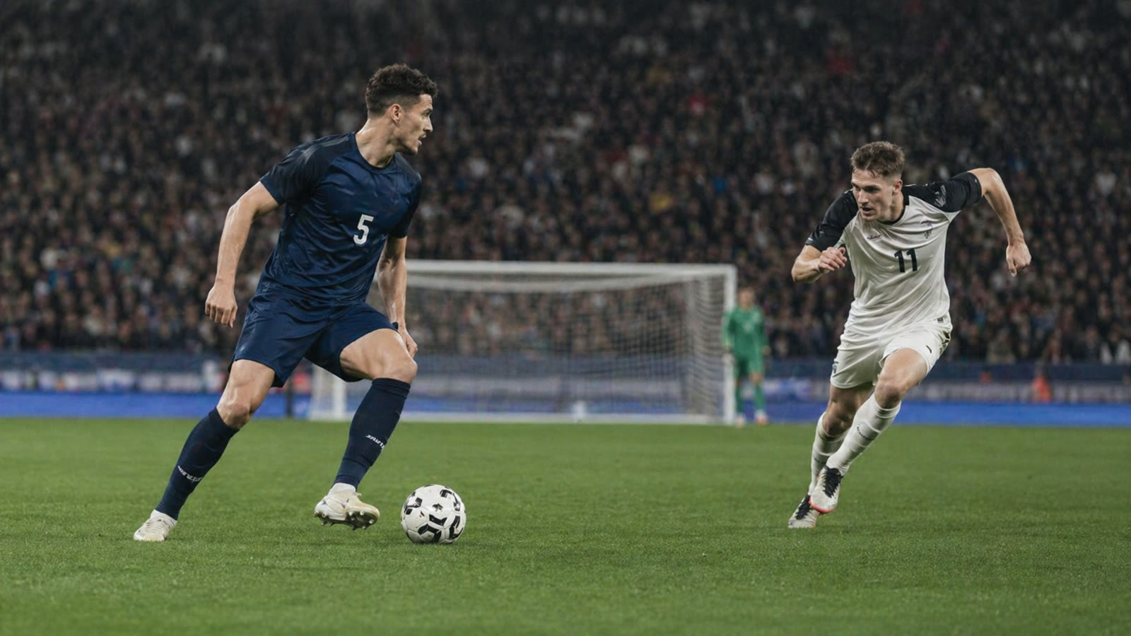 Centre-back plays a build-up pass under pressure