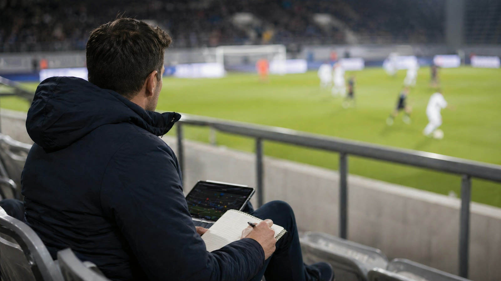 Scout takes notes on a centre-back profile